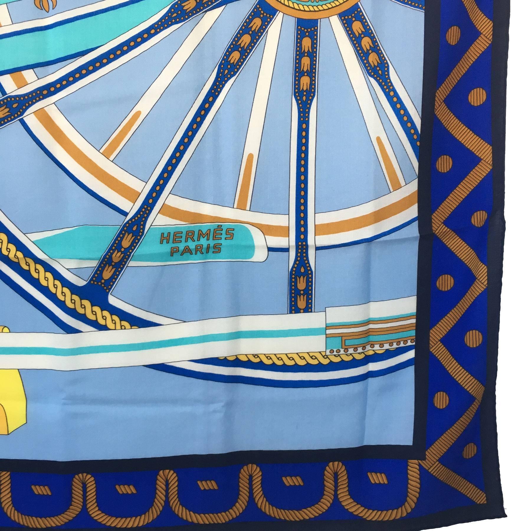 Women's or Men's HERMES Shawl 'Balade en Berline' in Blue and Yellow Cashmere and Silk