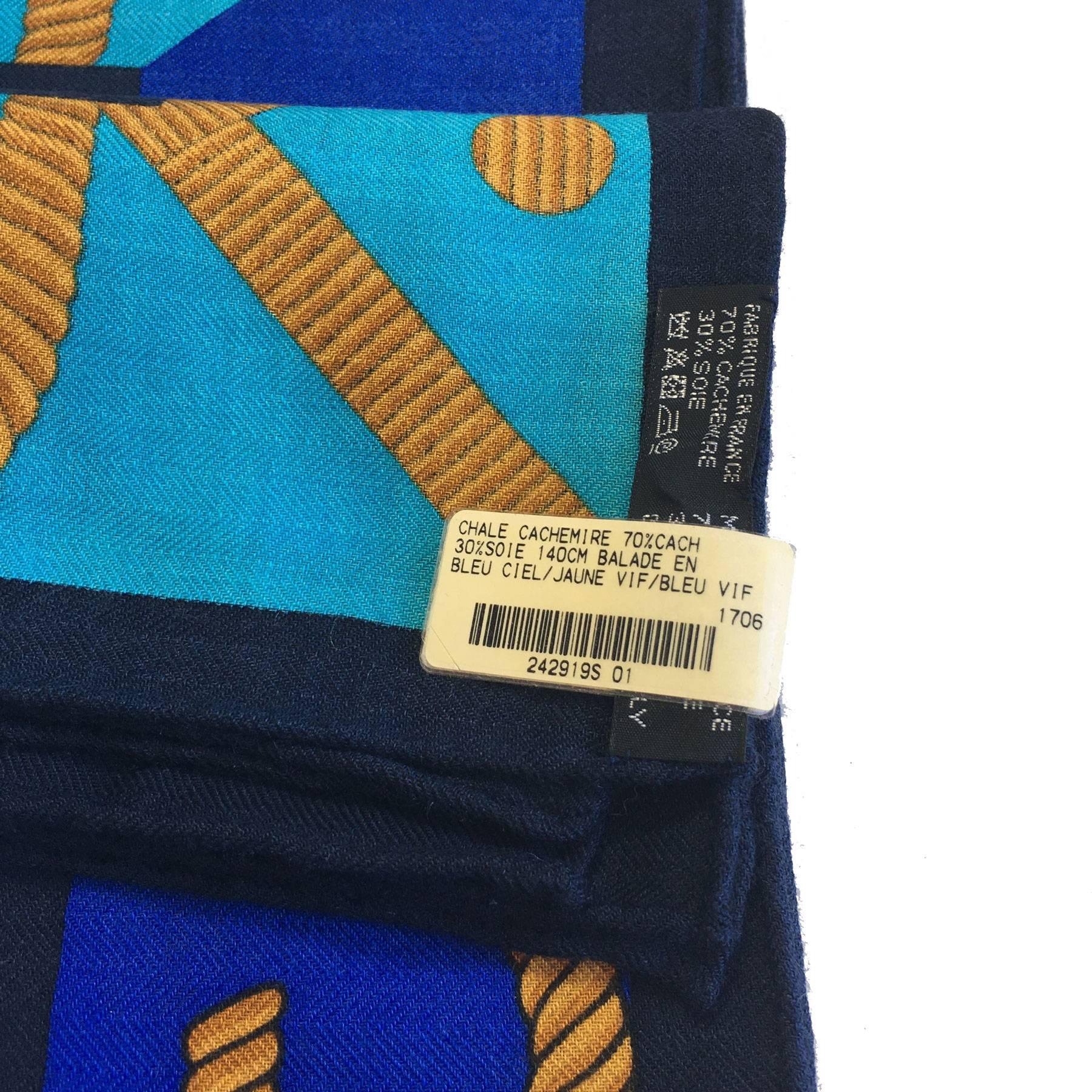 Gray HERMES Shawl 'Balade en Berline' in Blue and Yellow Cashmere and Silk