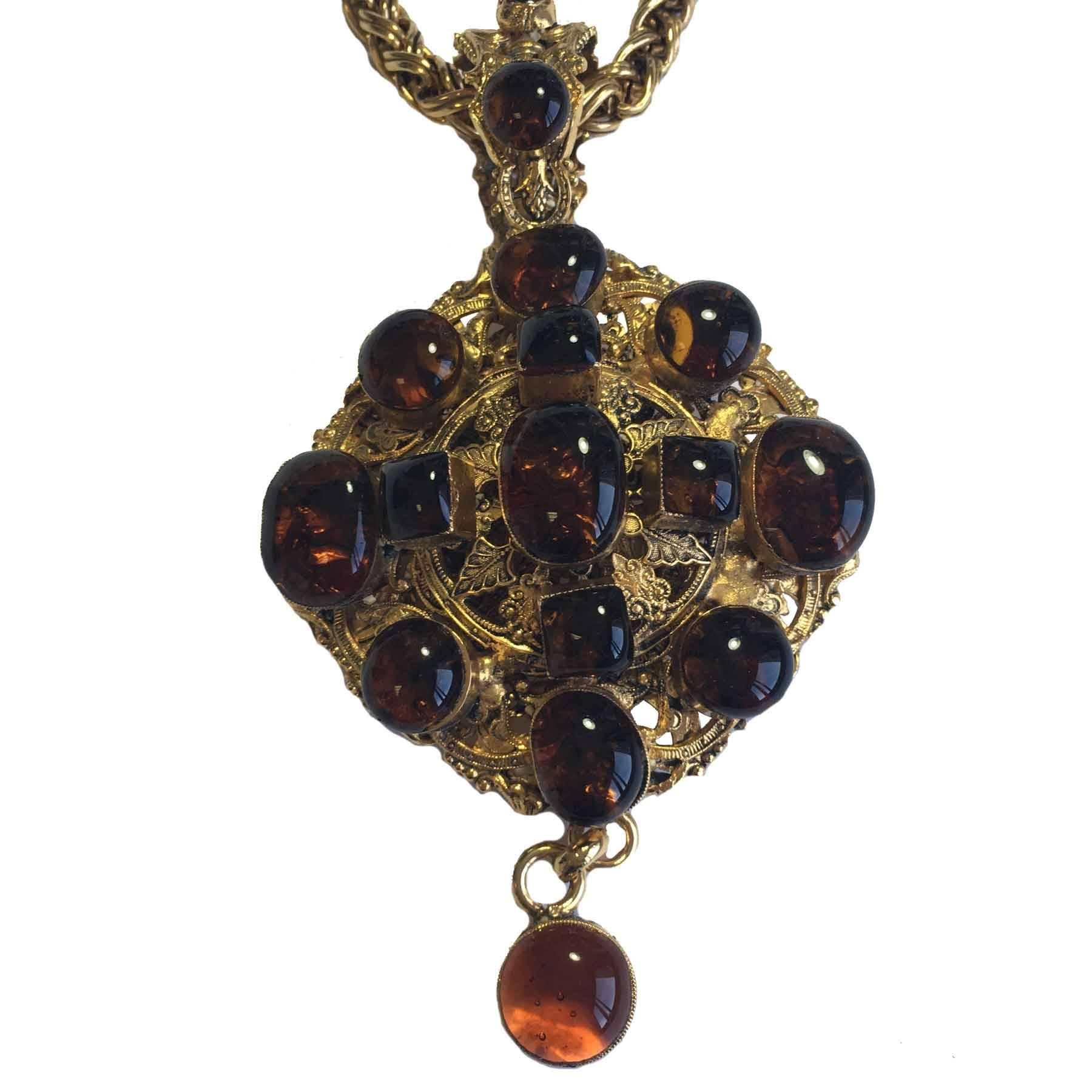 MARGUERITE DE VALOIS Necklace in Gilded Metal and Pendant in Topaze Molten Glass 2