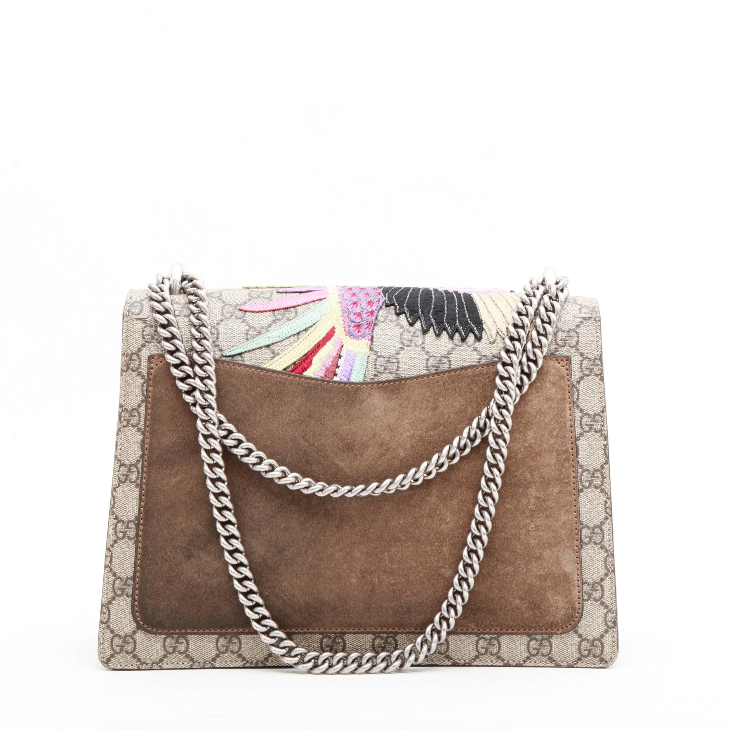 Gray GUCCI Dionysus Flap Bag in GG Supreme Canvas with Suede and Embroideries