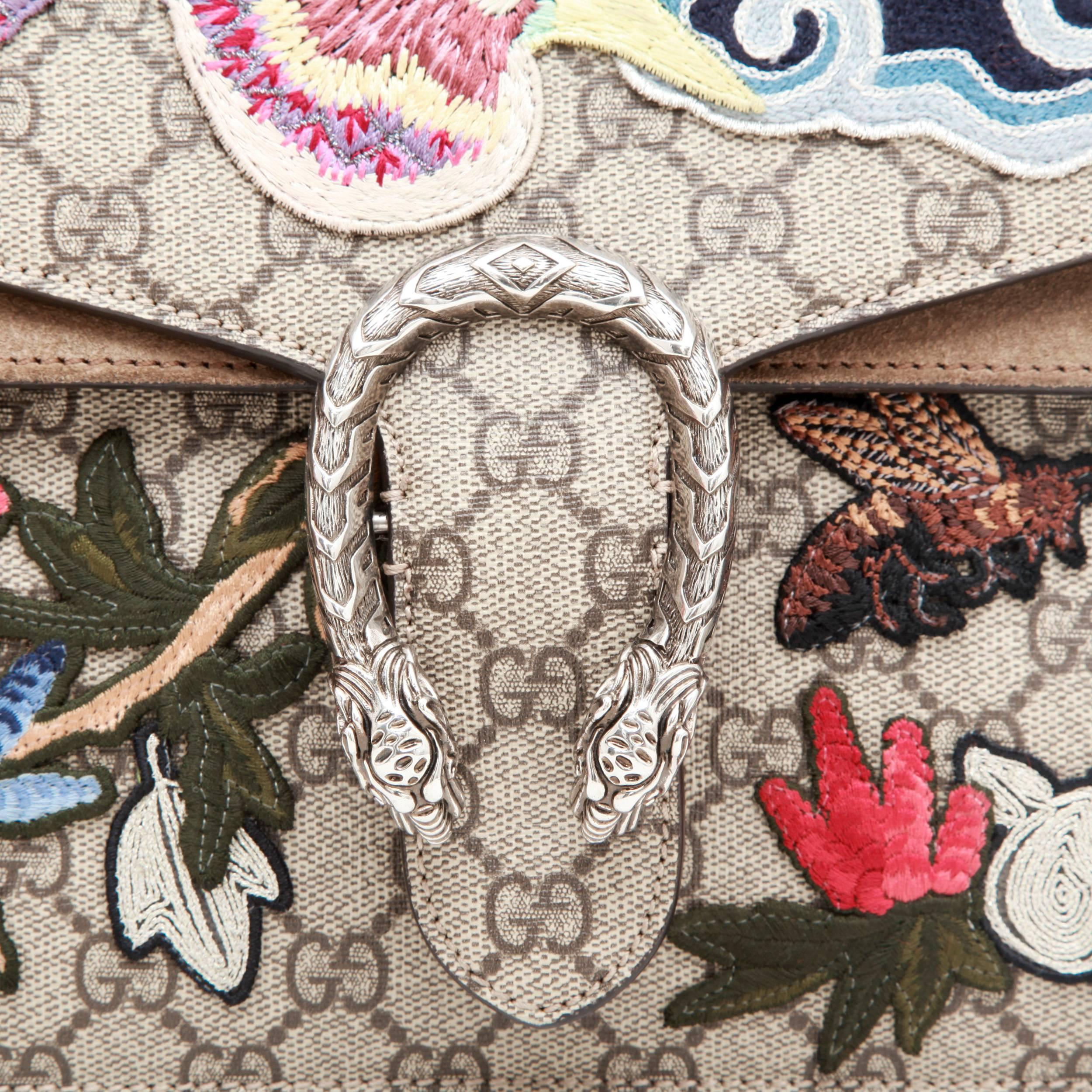 Women's GUCCI Dionysus Flap Bag in GG Supreme Canvas with Suede and Embroideries
