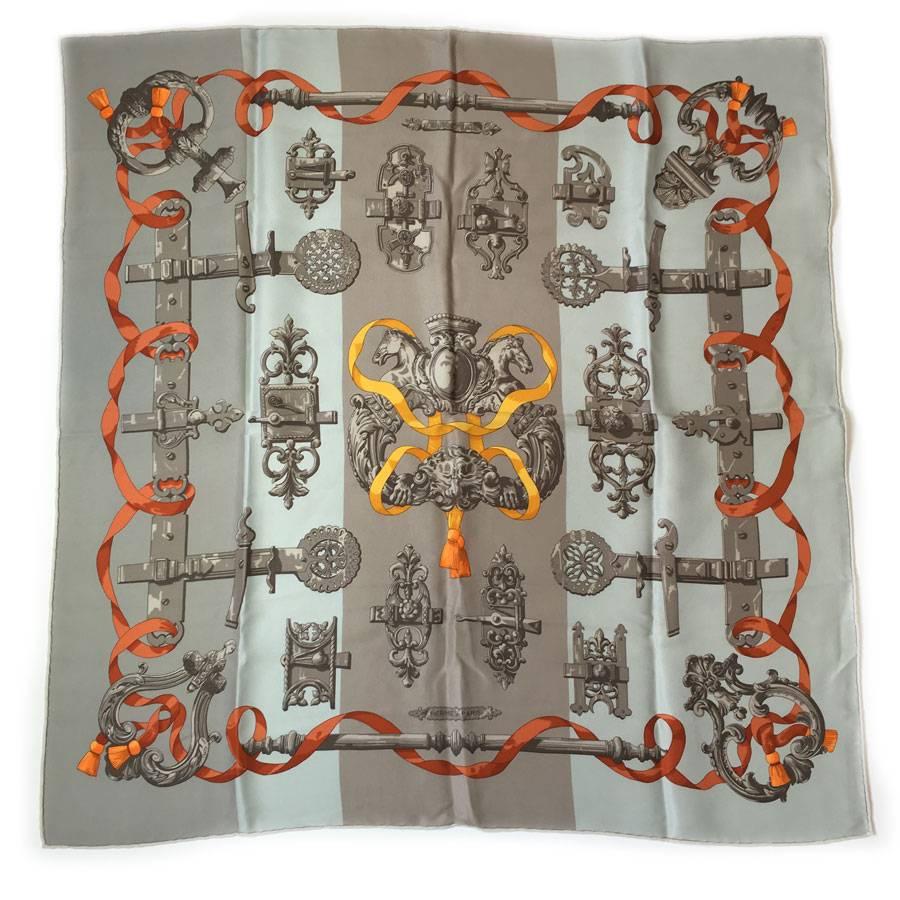 HERMES Small 'Ferronnerie' Scarf in Taupe and Gray Silk