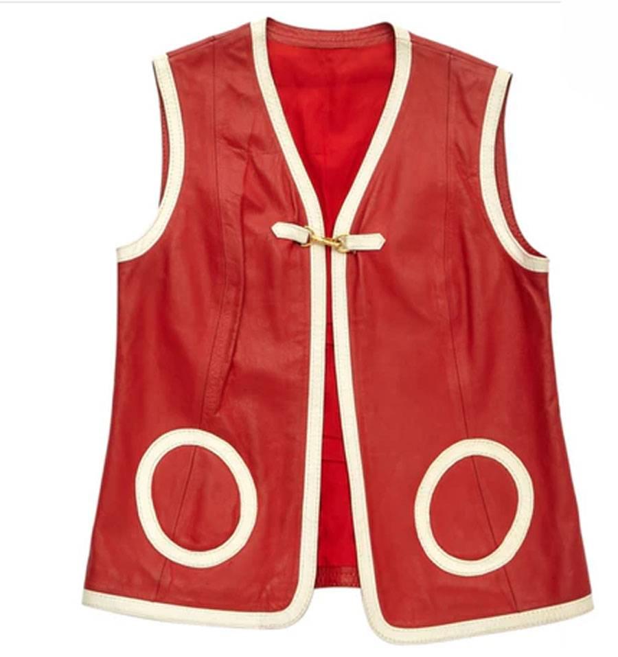 HERMES Sport Vintage Sleeveless Cardigan in Red Leather Size 40FR 