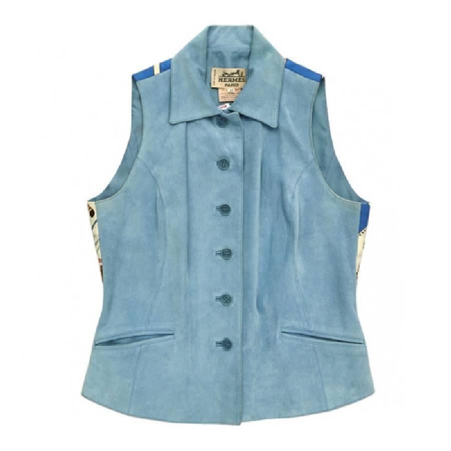 HERMES Vintage Sleeveless Jacket in Blue Sky Suede and Printed Silk Back 40FR