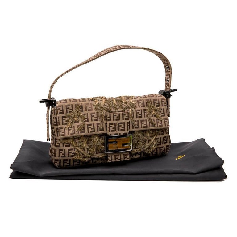 Fendi Baguette Bag in Brown Monogram Canvas with Gold Thread Embroidery at 1stdibs