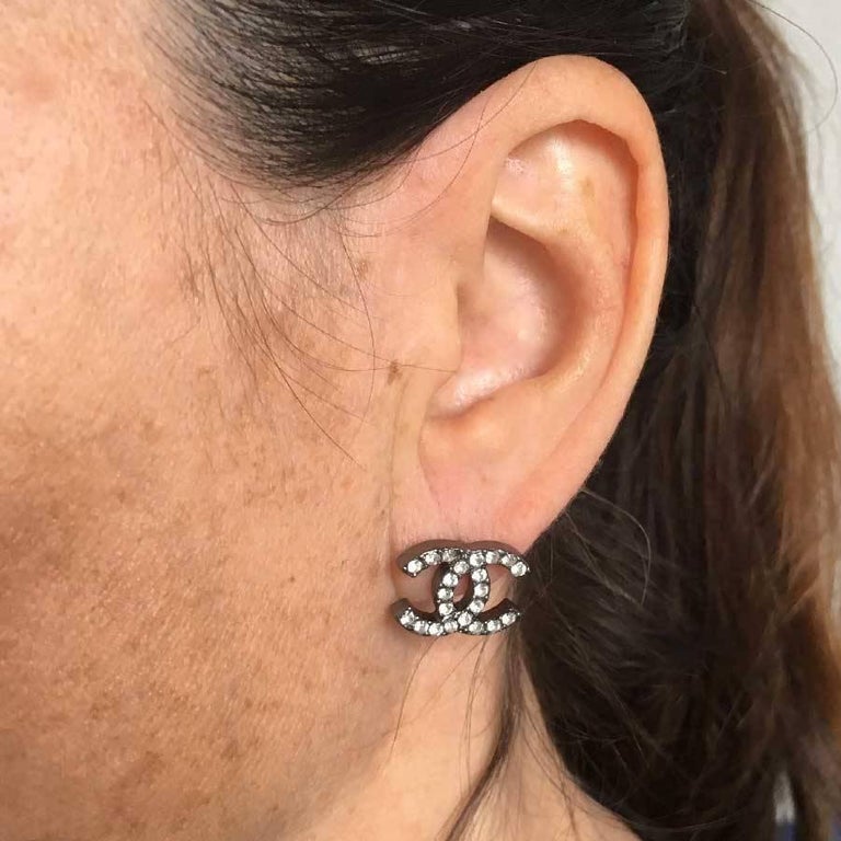 CHANEL CC Stud Earrings in Ruthenium and Rhinestones at 1stDibs