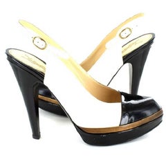 YSL YVES SAINT LAURENT Sandales à talons hauts en cuir verni noir et beige 37,5