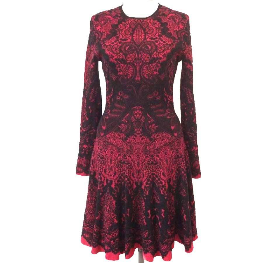Alexander McQueen Red and Black Jacquard and Black Lace Dress 