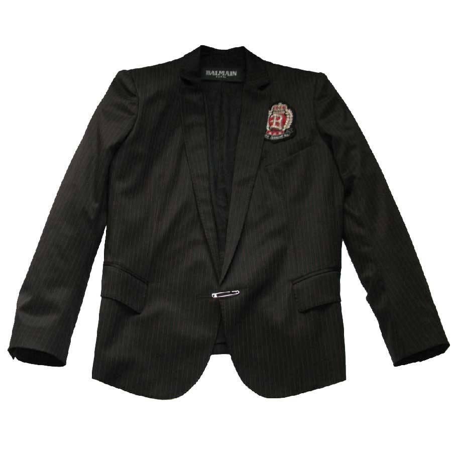 BALMAIN Blazer in Black Wool with Fine Red Stripes Size 40FR