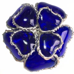 GRIPOIX Flower Brooch in Sapphire Colored Molten Glass