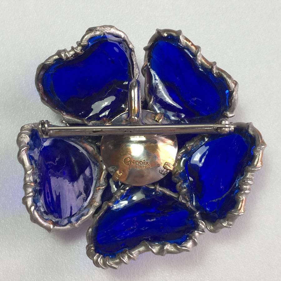 Women's GRIPOIX Flower Brooch in Sapphire Colored Molten Glass