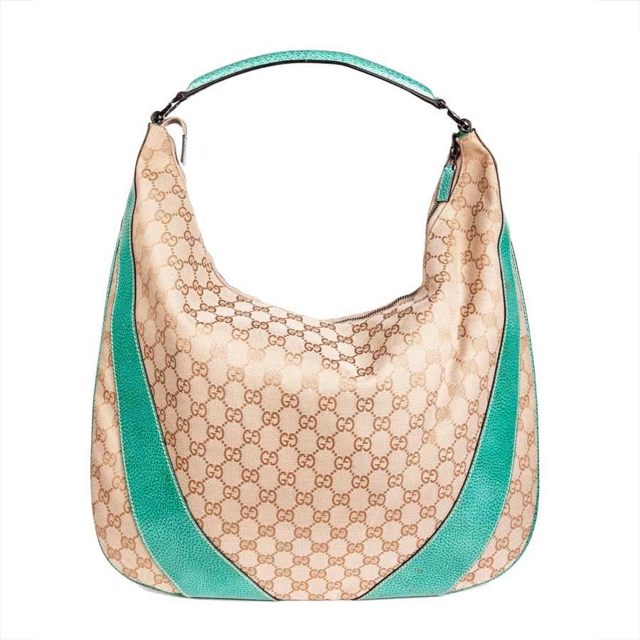 GUCCI Bag in Beige Monogram Canvas and Water Green Leather In Good Condition In Paris, FR