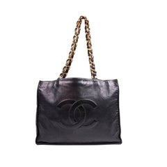 Chanel Vintage Tote Bag in Navy Blue Smooth Lambskin Leather