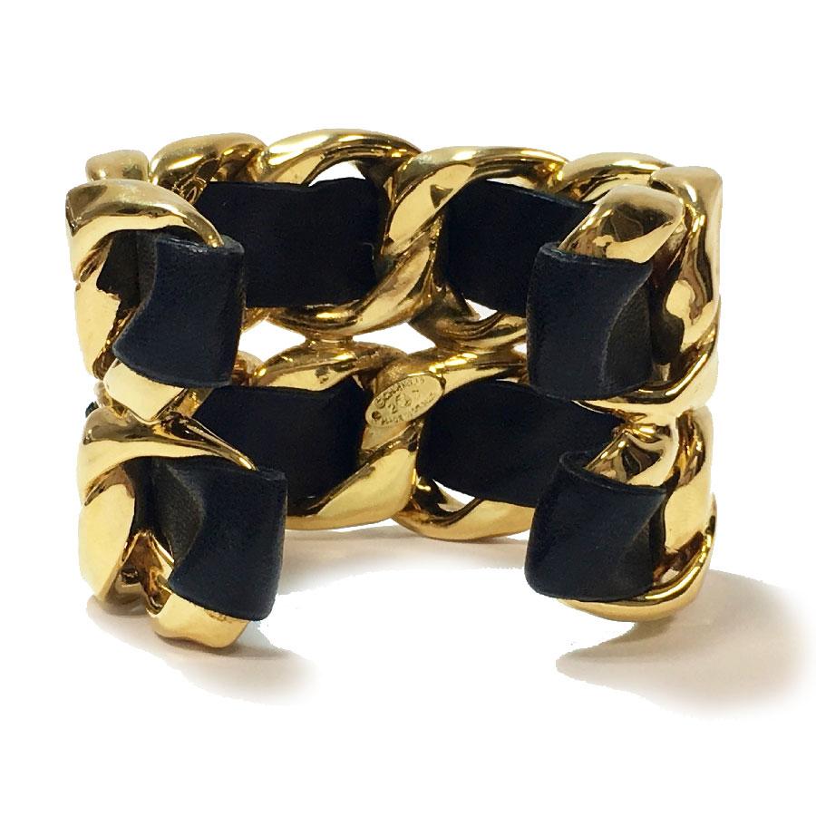 Women's CHANEL Collector Cuff Bracelet in Gilt Metal Interlaced with Black Leather