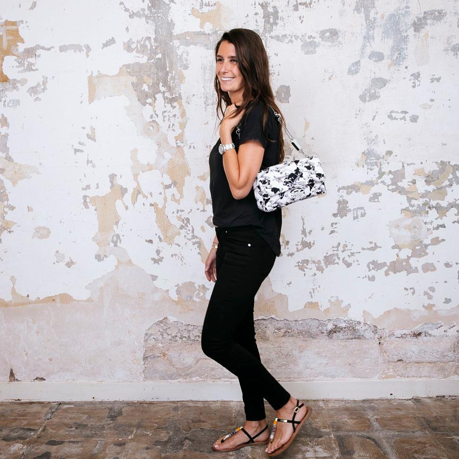 Women's Chanel Flap Bag in Ecru Canvas with Gray and Black Print