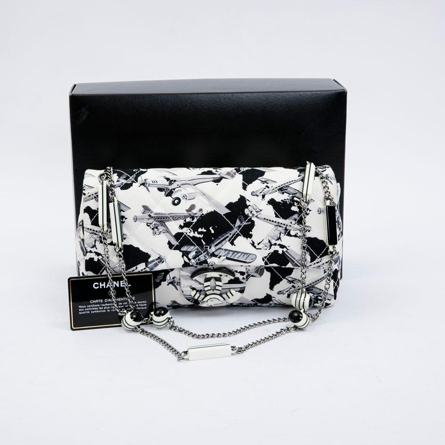 Chanel Flap Bag in Ecru Canvas with Gray and Black Print  12