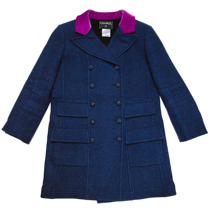 Chanel Blue Cashmere / Wool / Cotton Caban with Purple Velvet Collar