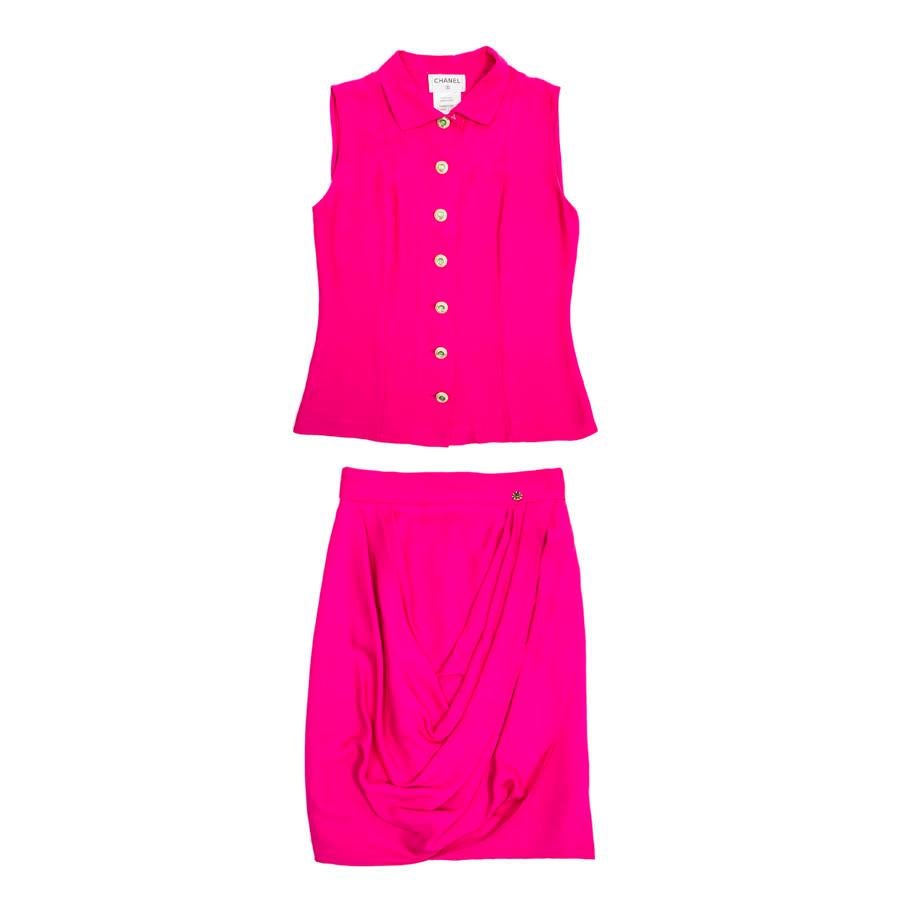 Chanel Fuchsia Silk Blouse and Skirt Set 
