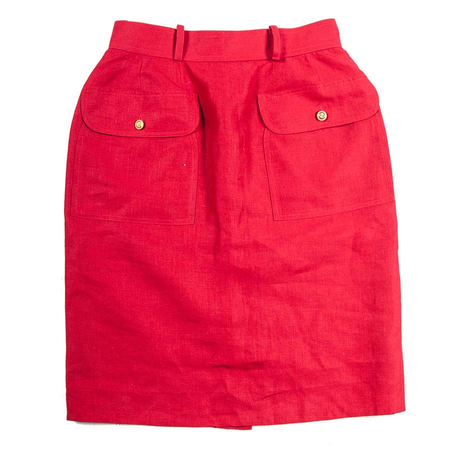 CHANEL High Waist Red Linen Skirt For Sale