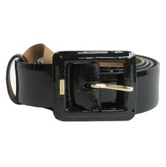 CHANEL Belt in Black Patent Leather with Beige Leather Interior Size 85