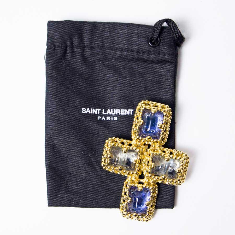 YSL Cross Pendant Brooch with Two Tones of Blue Cabochons  1