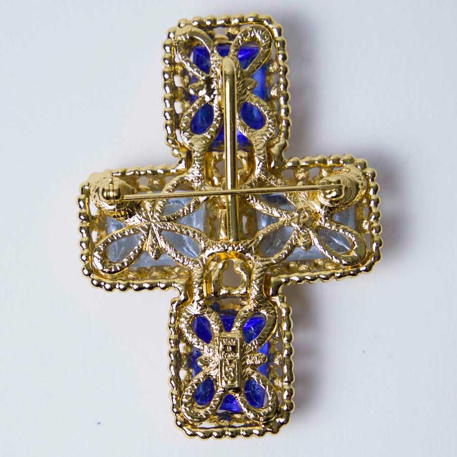YSL Cross Pendant Brooch with Two Tones of Blue Cabochons  In Excellent Condition In Paris, FR