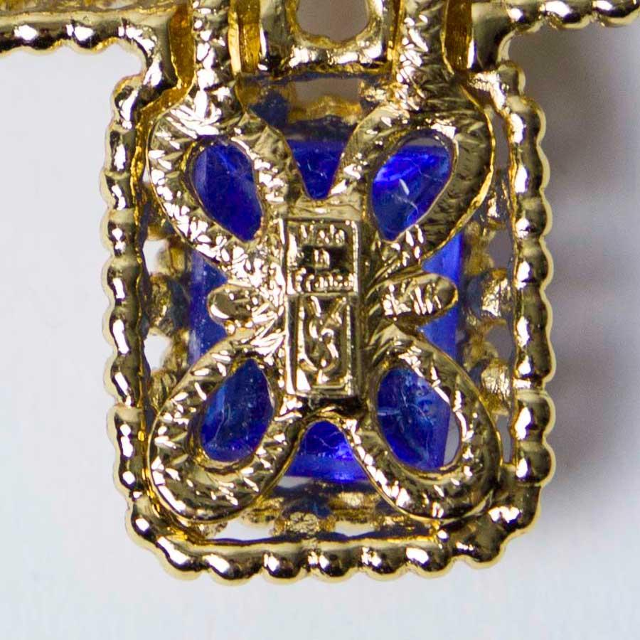 Women's YSL Cross Pendant Brooch with Two Tones of Blue Cabochons 