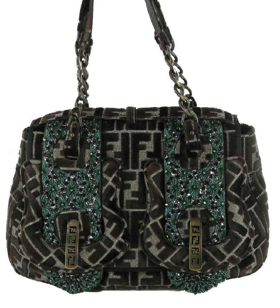 FENDI Vintage Bag in Brown Monogram Velvet and Green Embroideries