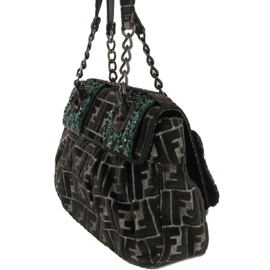 Black FENDI Vintage Bag in Brown Monogram Velvet and Green Embroideries