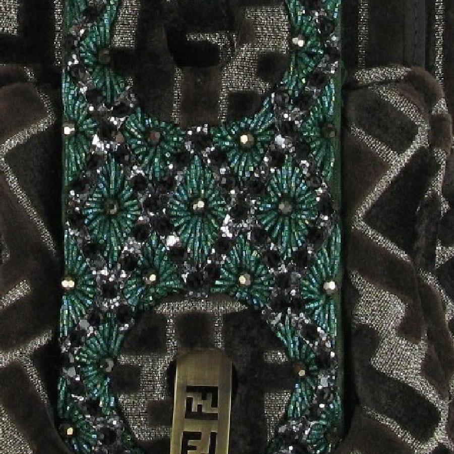 FENDI Vintage Bag in Brown Monogram Velvet and Green Embroideries In Good Condition In Paris, FR