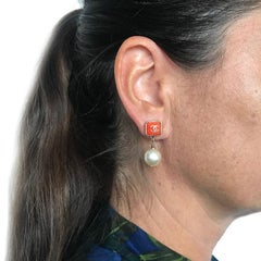 CHANEL Stud Earrings in Gilt Metal, Coral Resin and Pearl