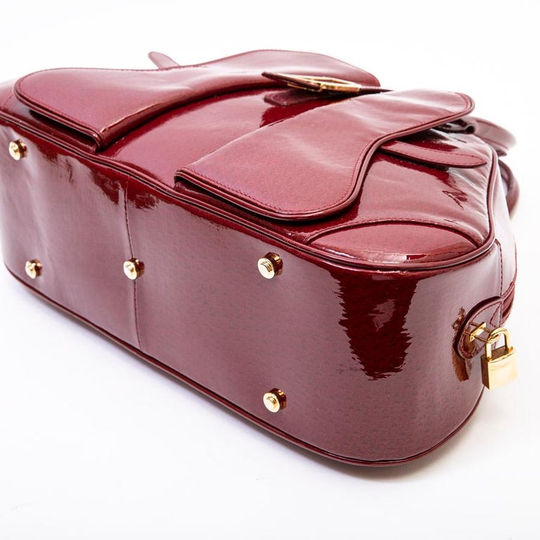 CHRISTIAN DIOR Saddle Bag in Red Patent Monogram Leather For Sale at