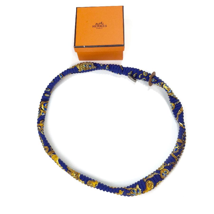 HERMES Small H Bracelet in Blue and Gold Scarf Pattern Silk In New Condition In Paris, FR