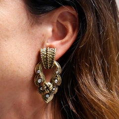 JACQUES FATH Vintage Clip-on Earrings in Aged Gilt Metal and Rhinestones