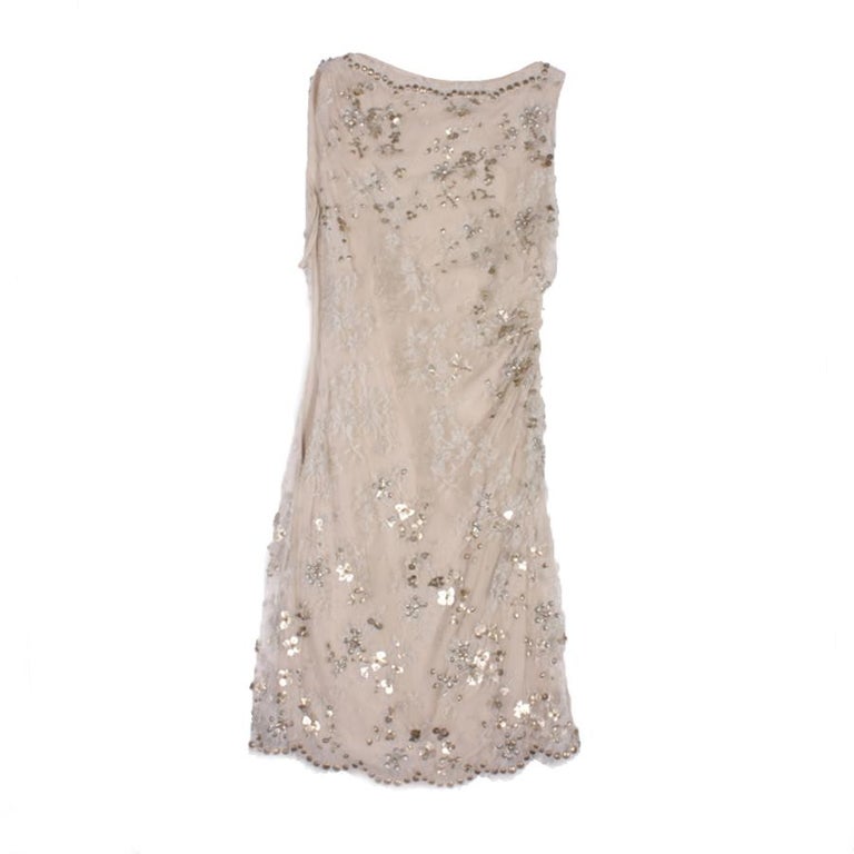 VALENTINO Sleeveless Cocktail Dress in Silver Lace Embroidered with
