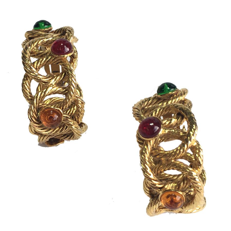 Unsigned Clip-on Creole Earrings in Twisted Gilt Metal and Multicolored Pearls
