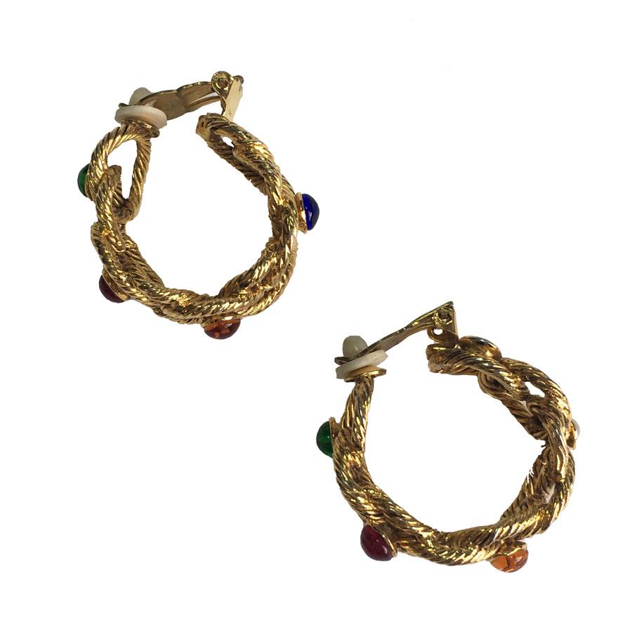 Unsigned Clip-on Creole Earrings in Twisted Gilt Metal and Multicolored Pearls 1