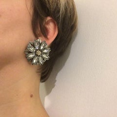 LANVIN Flower Shape Clip-on Earrings  in Silver Metal, Rhinestones