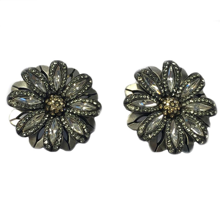 LANVIN Flower Shape Clip-on Earrings  in Silver Metal, Rhinestones