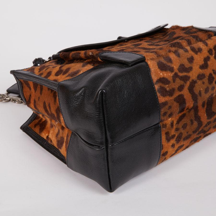 CELINE Boogie Model Bag in Leopard Printed Foal and Black Leather  In Good Condition In Paris, FR