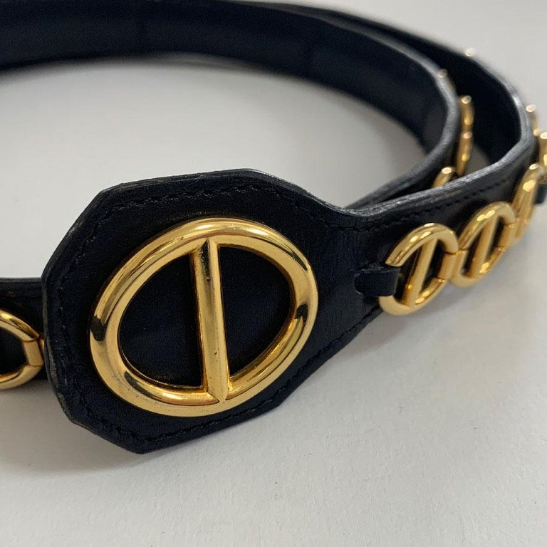 CHRISTIAN DIOR Vintage Belt in Black Calfskin and Gilt Metal Chain Size