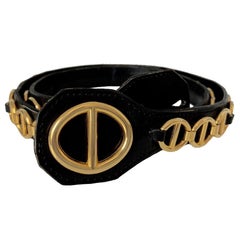 CHRISTIAN DIOR Vintage Belt in Black Calfskin and Gilt Metal Chain Size 80/32