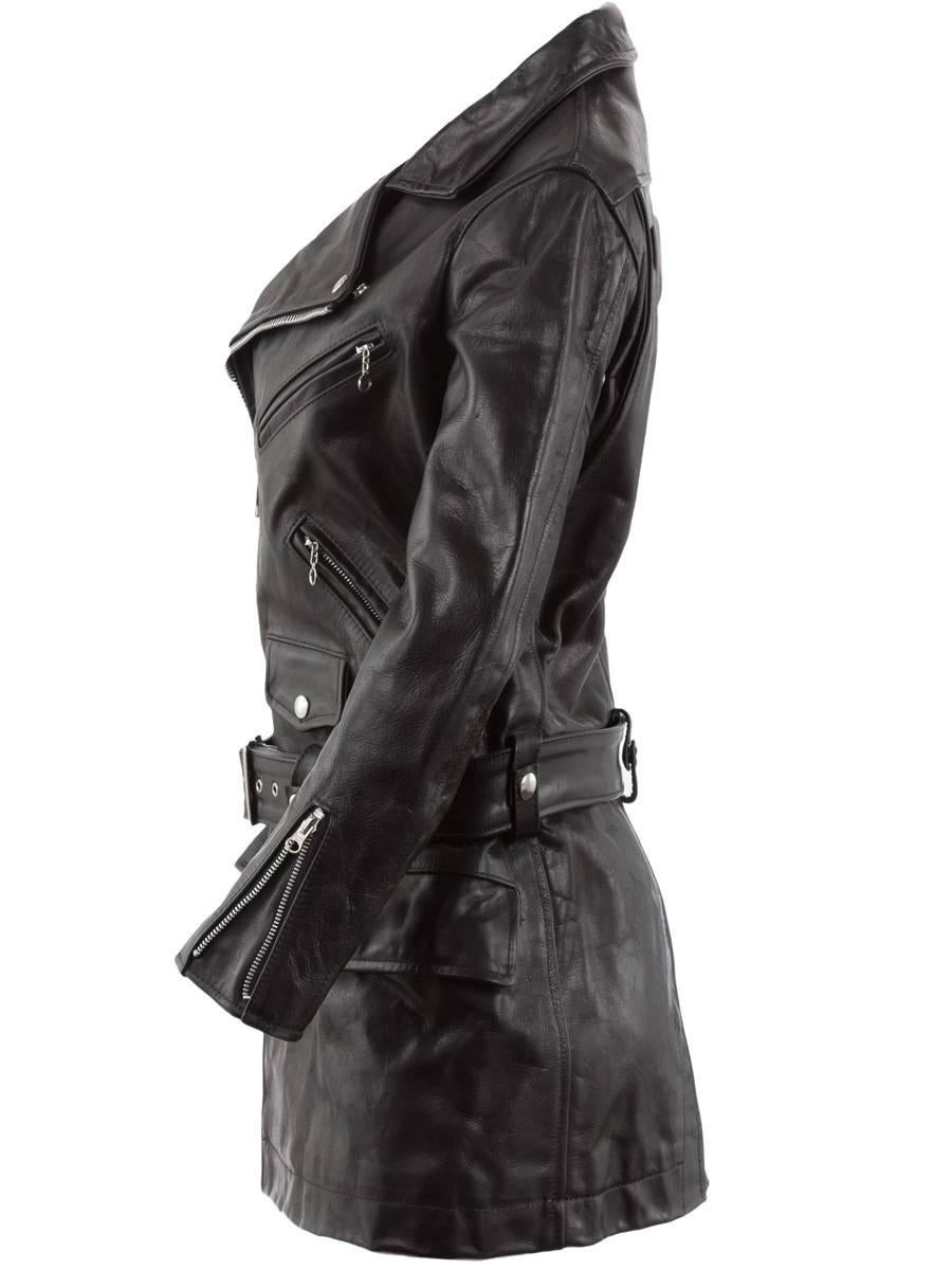Junya Watanabe Comme des Garçons x Vanson Long Leather Biker Jacket featuring a zip-up front, waist belt and zip detailing at the sleeves from the 2007 Runway Collection.