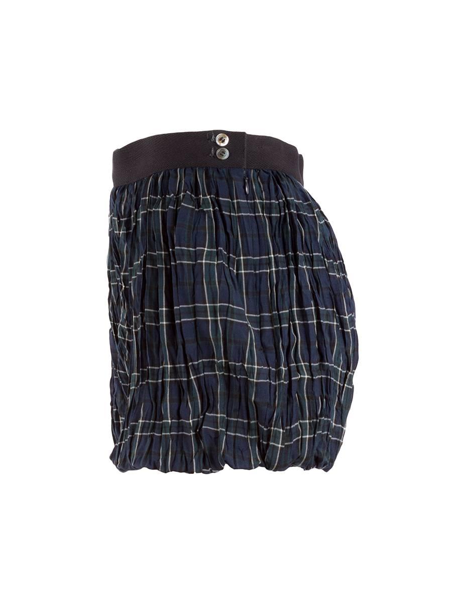 Junya Watanabe Comme des Garçons Plaid Crinkle Bloomer Style Shorts featuring a grosgrain ribbon waistband and button and side zip closure from the Designer's 2004 Ready-to-Wear Runway Collection.