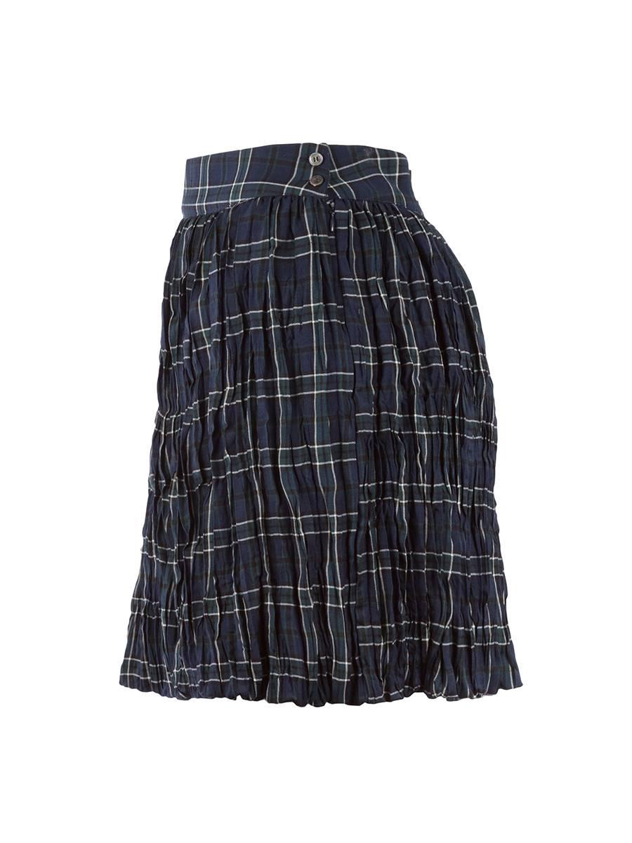 Blue Plaid Crinkled Short Skirt from Junya Watanabe Comme des Garçons featuring a hidden zipper at the waist with an attached double layer creating a seamless bottom hem from the Designer's 2004 Runway Collection.