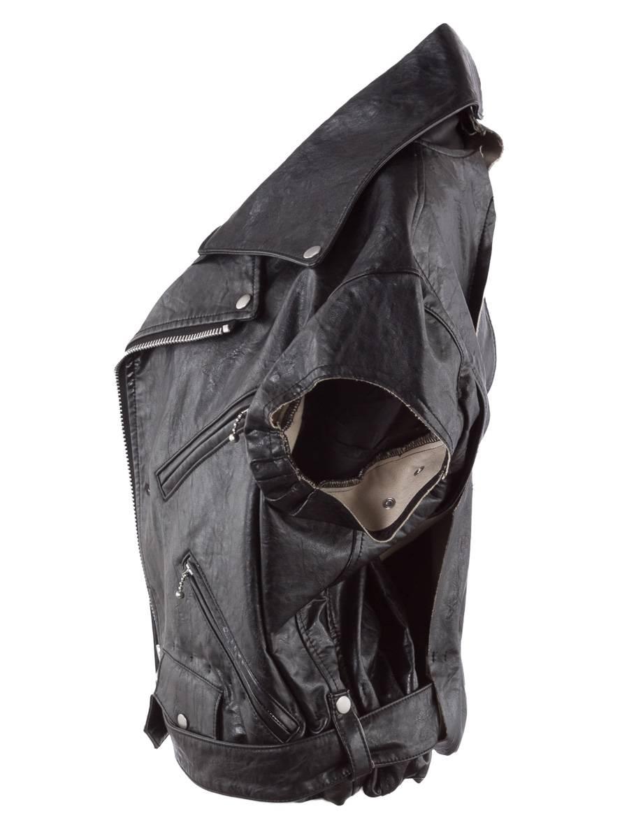 Avant-Garde Junya Watanabe Comme des Garçons black leather asymmetric cropped biker vest reworked from a traditional leather jacket from the 2007 Runway Collection. Short sleeves and a slashed back with an adjustable waist belt.