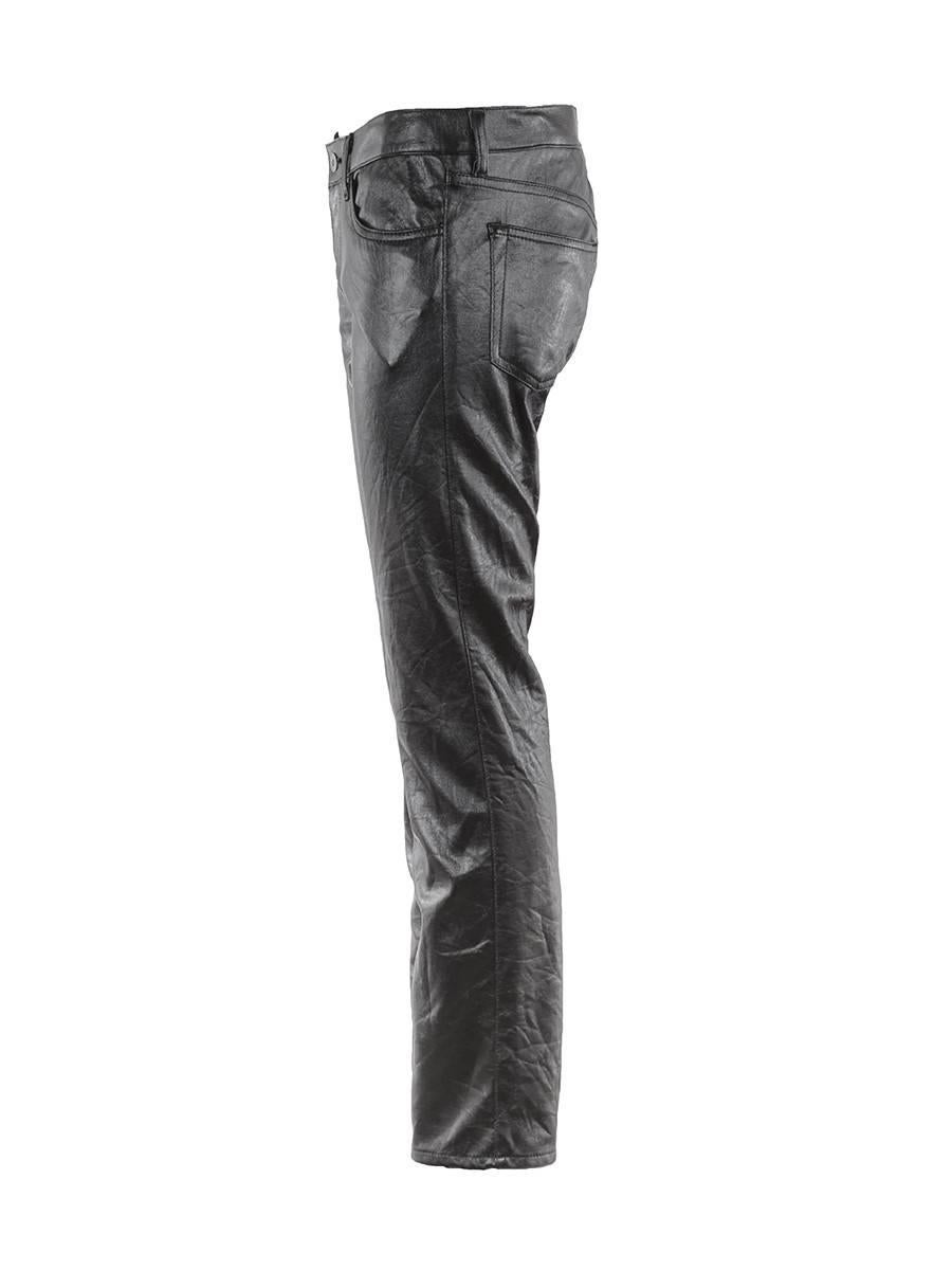 Junya Watanabe Comme des Garçons Black faux leather fitted low waist pants with zip fly and button closure from the Iconic 2007 Runway Collection.