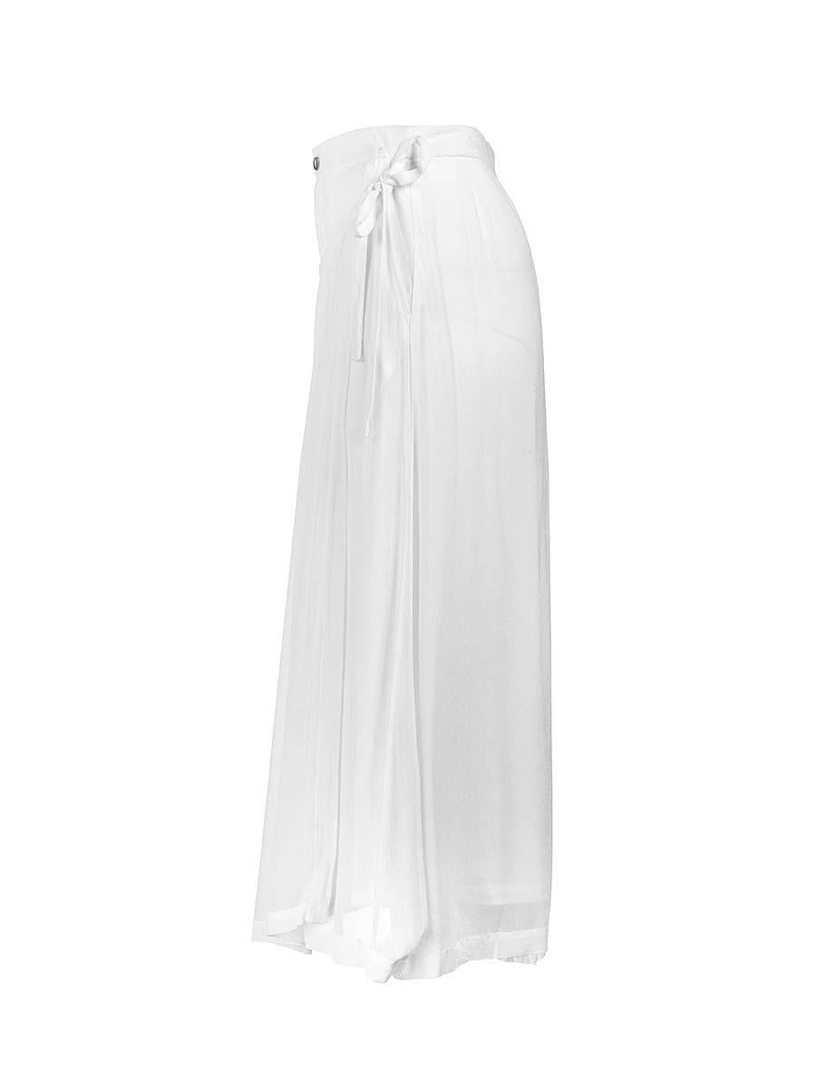 1990's Comme des Garçons white viscose maxi skirt with a zip and button closure and a long draped sheer white apron overlay attached with a side ribbon.