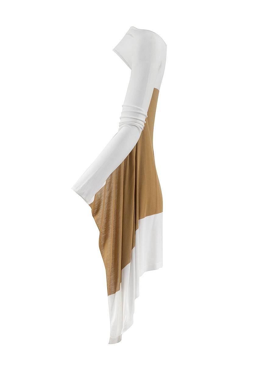 MAISON MARTIN MARGIELA SS 2009 Collection Long sleeve white and tan stretch knit cape top with a high neck and long draped back. Made in Italy.

