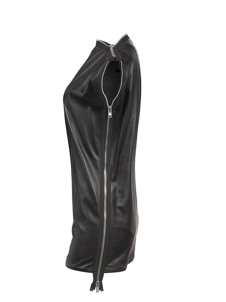 Maison Martin Margiela Black Leather Tunic with large silver zippers across the neckline and sides. 2009 Collection. New With Tags.